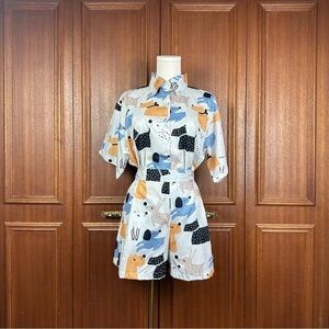 Shorts Set Women Size Medium White with Puppy Prints Matching Set Short Sleeves